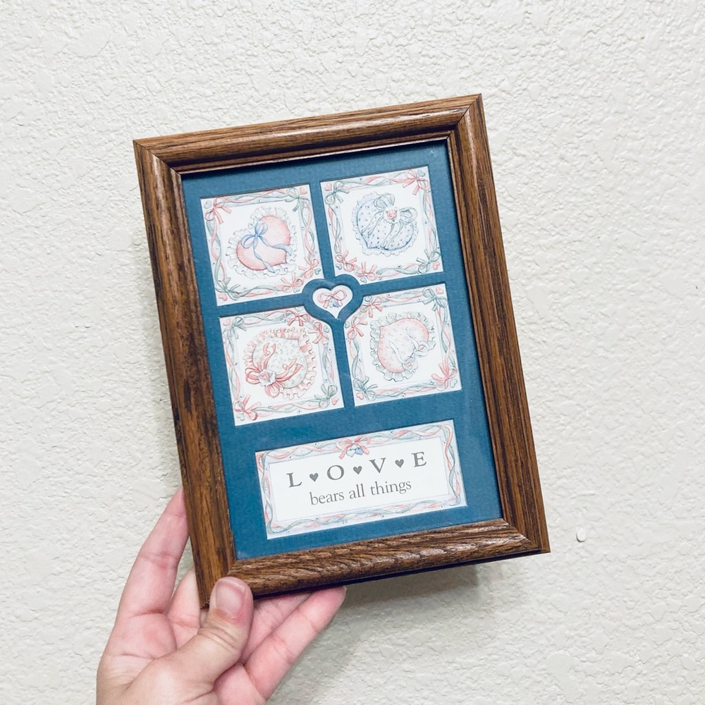 Vintage Wooden Framed Wall Art “Love Bears All Things”  Cottagecore Grandmacore